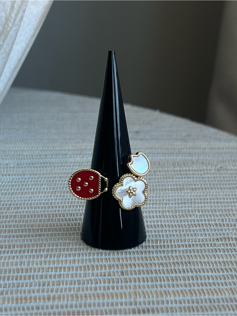 Adjustable Gold-Tone Red lady bug and pearlized White Floral Enamel Ring